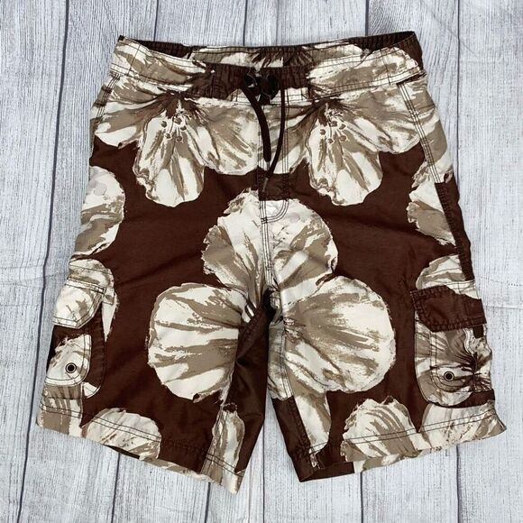 Arizona youth boys L mesh lined tropical print bathing suit brown & white - Picture 1 of 6